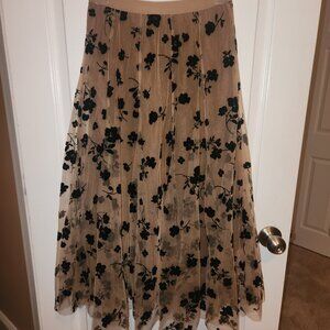 Chicwish Women's Tulle Midi Skirt Beige Tan Black Flocked Flowers Holiday
